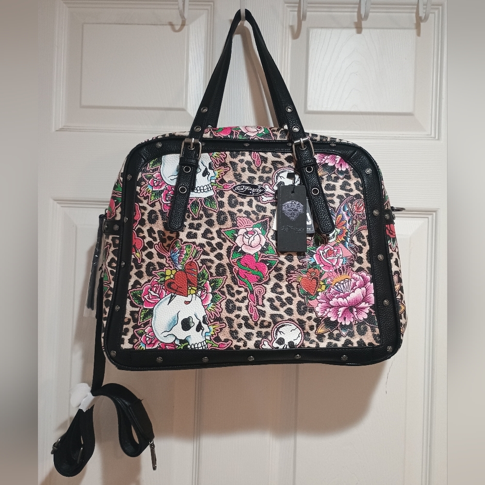 New Ed Hardy leopard print satchel with pink floral and skull graphics
